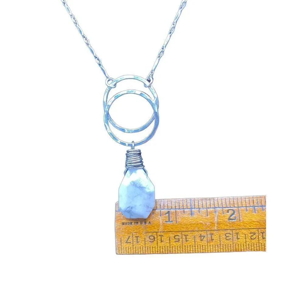 Silver double circles white agate drop necklace